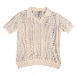 Polo Knit Oversized White Mesh Knit Crochet Relaxed Fit Short Sleeve Size 4XL